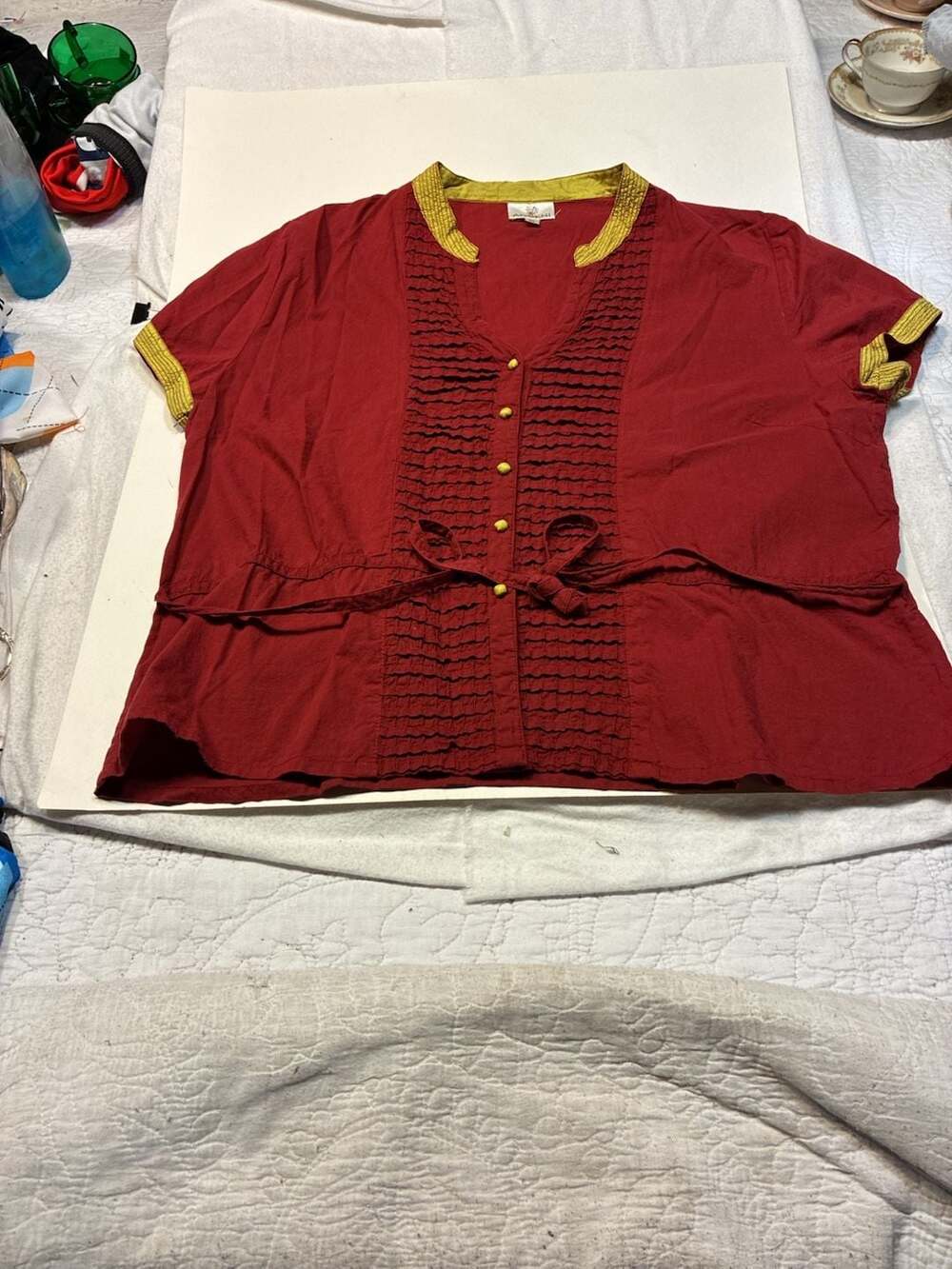 Anokhi Red and Mustard Yellow Short Sleeve Button-Down Blouse
